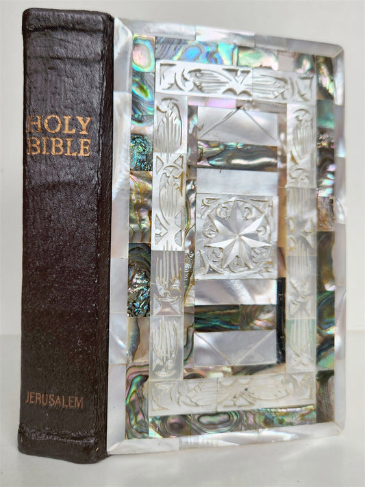 1950s BIBLE in ENGLISH w/ HOLY LAND PHOTOS & MOTHER-OF-PEARL BINDING vintage