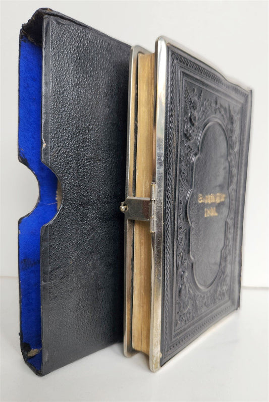 1880s HYMNAL in GERMAN antique DECORATIVE LEATHER BINDING w/ METAL EDGES