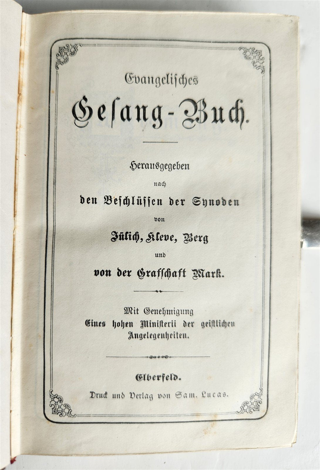 1880s HYMNAL in GERMAN antique DECORATIVE LEATHER BINDING w/ METAL EDGES