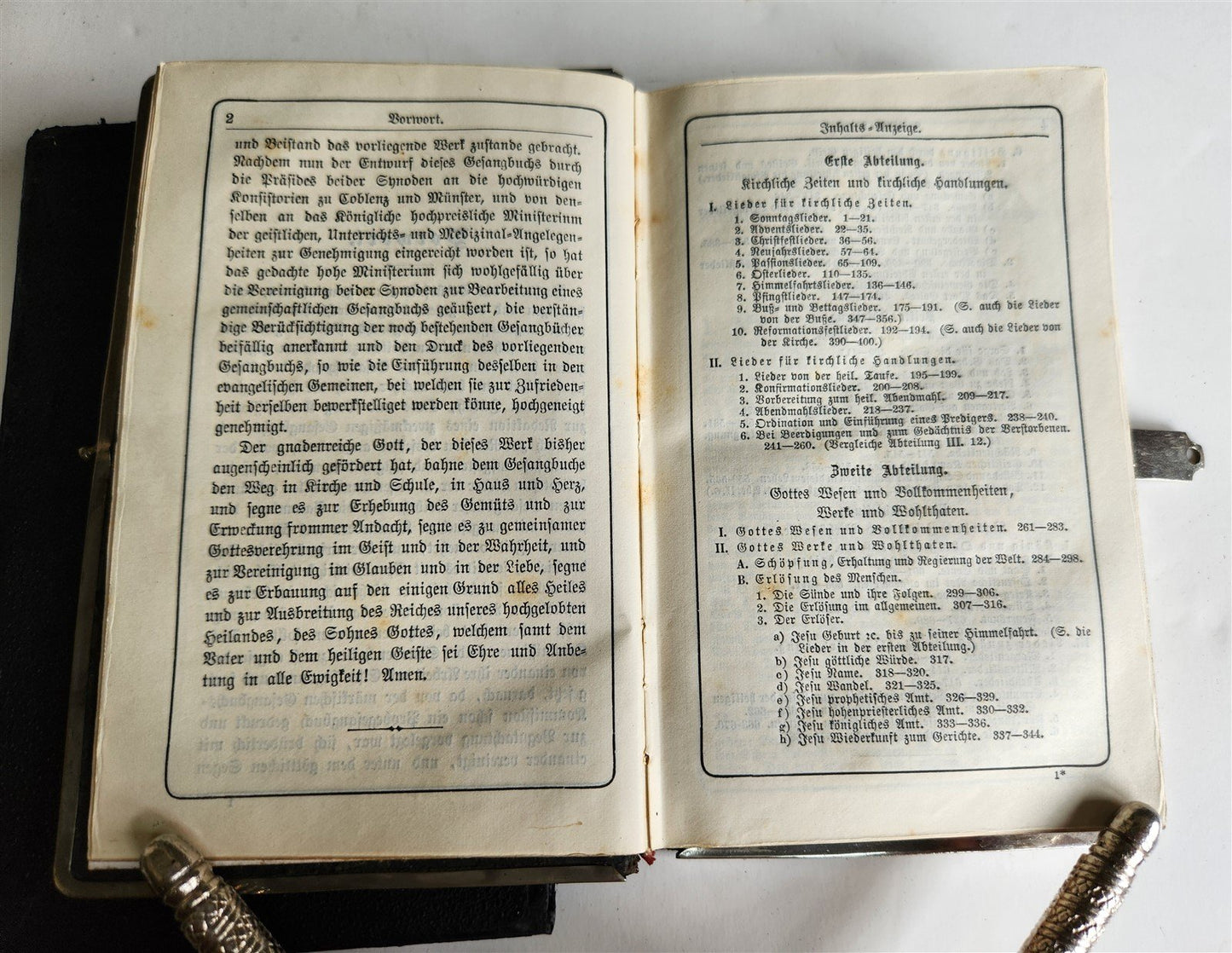 1880s HYMNAL in GERMAN antique DECORATIVE LEATHER BINDING w/ METAL EDGES