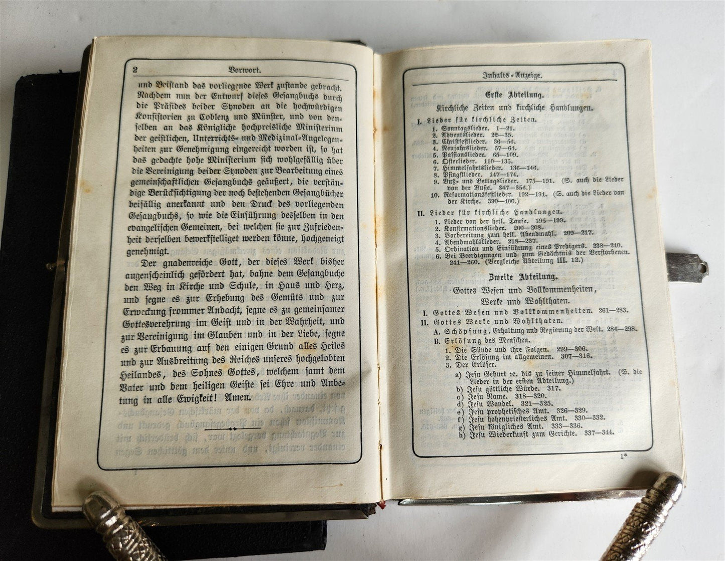 1880s HYMNAL in GERMAN antique DECORATIVE LEATHER BINDING w/ METAL EDGES