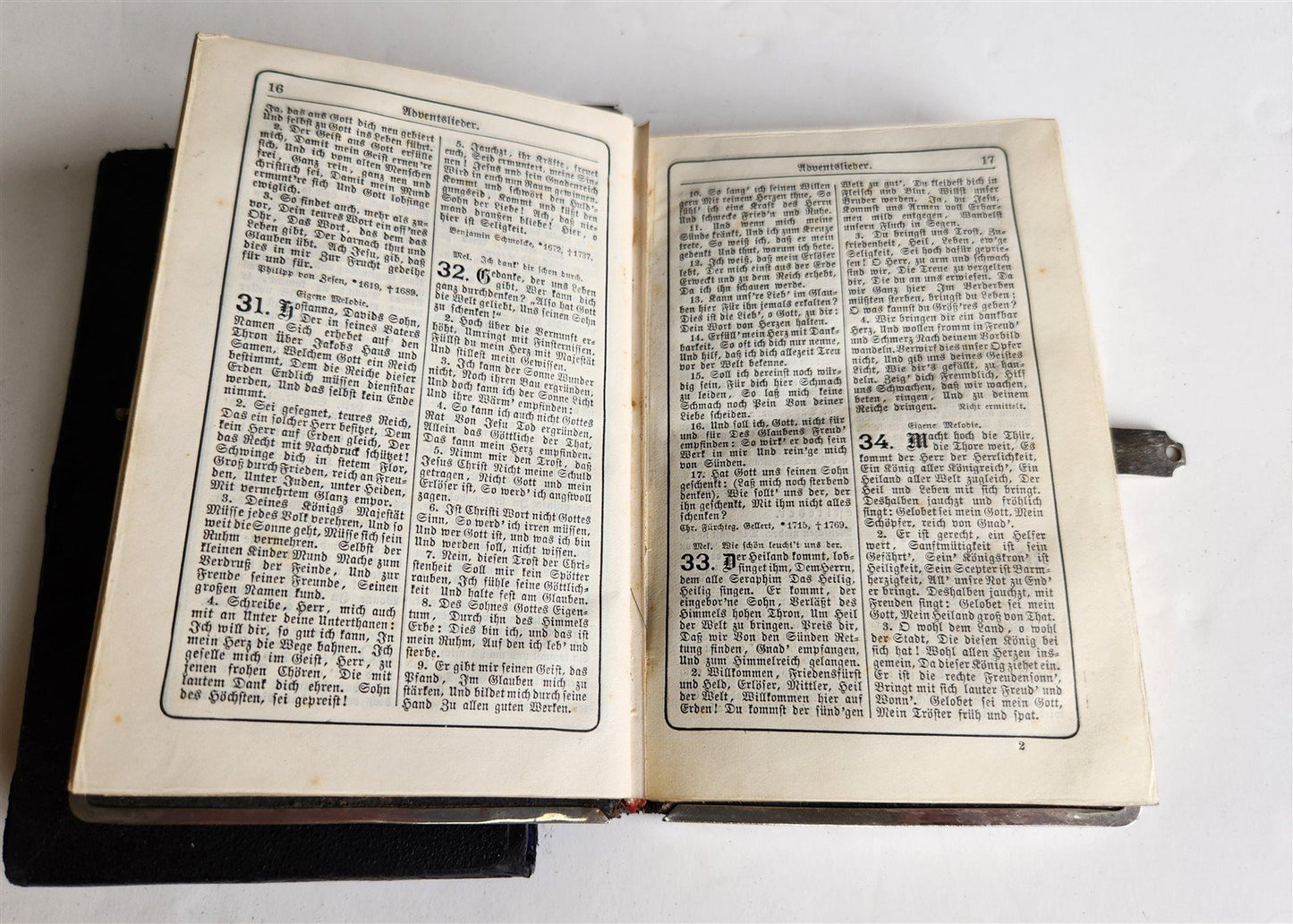 1880s HYMNAL in GERMAN antique DECORATIVE LEATHER BINDING w/ METAL EDGES