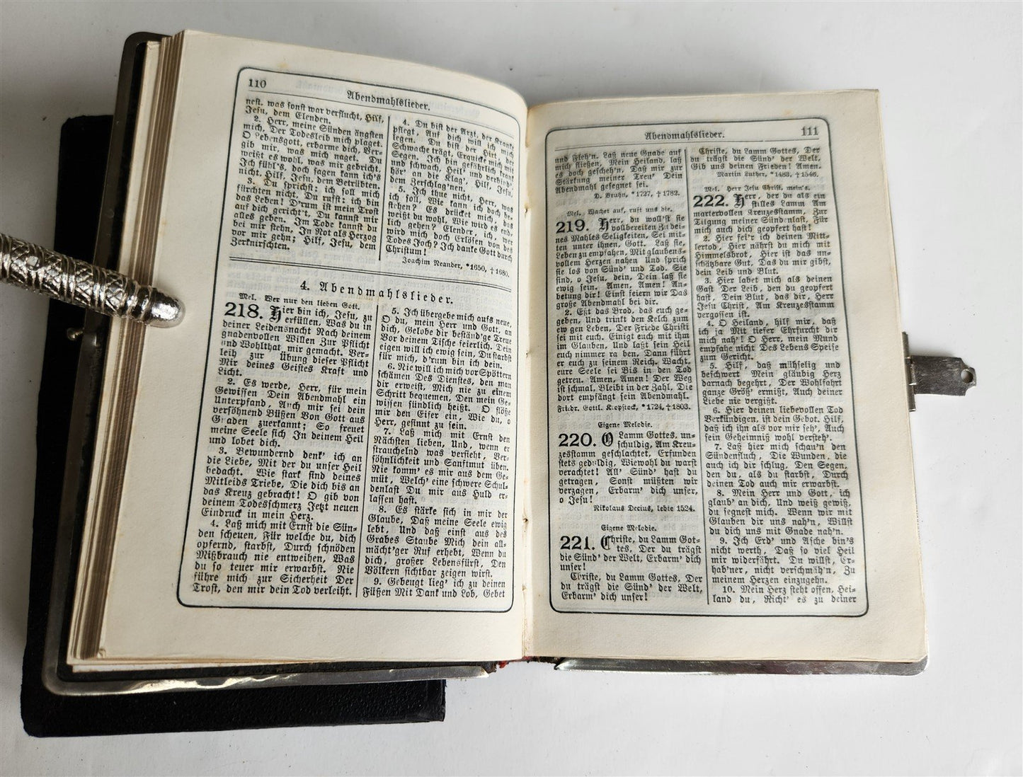 1880s HYMNAL in GERMAN antique DECORATIVE LEATHER BINDING w/ METAL EDGES