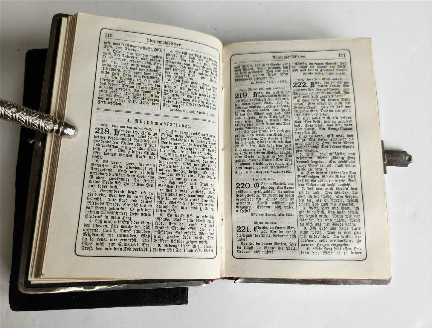 1880s HYMNAL in GERMAN antique DECORATIVE LEATHER BINDING w/ METAL EDGES