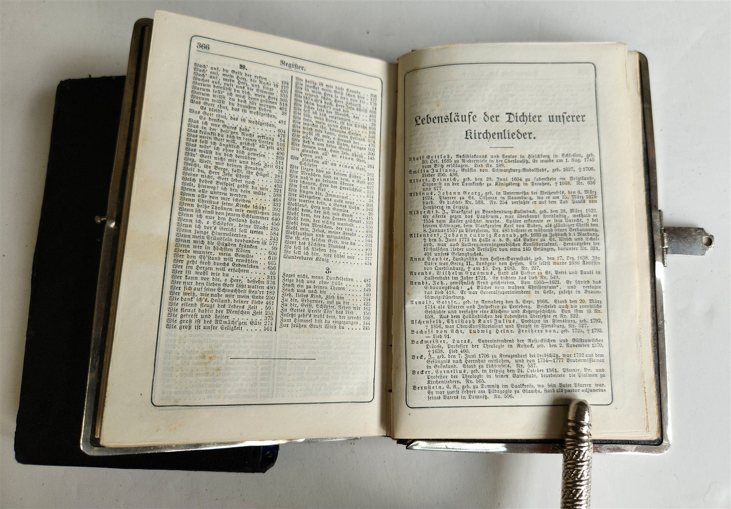 1880s HYMNAL in GERMAN antique DECORATIVE LEATHER BINDING w/ METAL EDGES