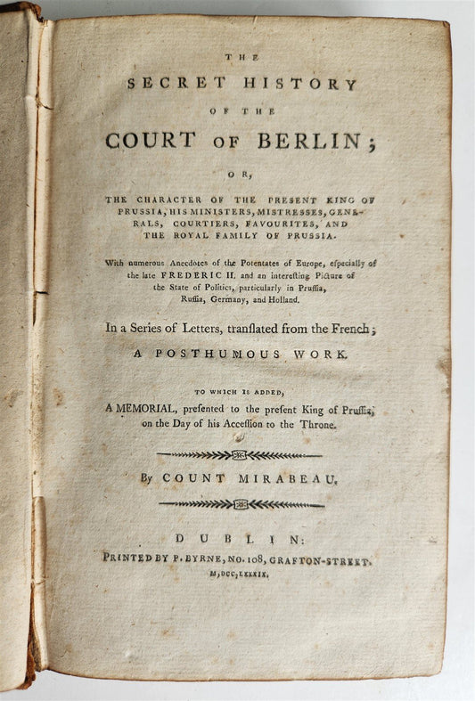 1789 THE SECRET HISTORY of the COURT of BERLIN by Count Mirabeau antique