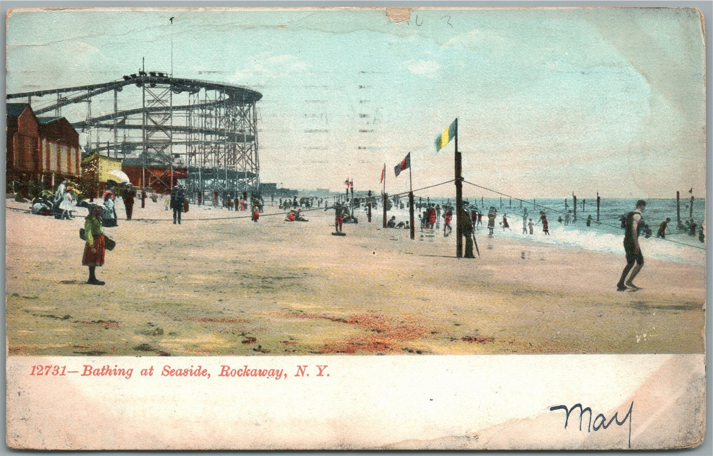 ROCKAWAY NY BATHING AT SEASIDE ANTIQUE POSTCARD