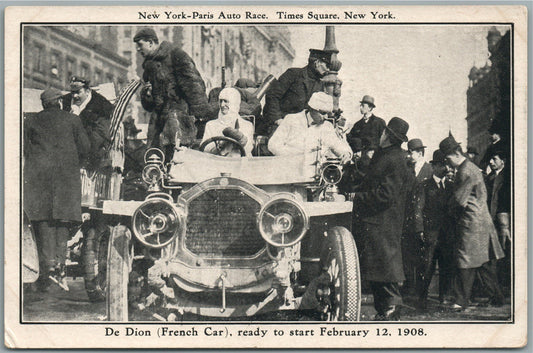 NEW YORK - PARIS AUTO RACE FRENCH CAR 1908 ADVERTISING ANTIQUE POSTCARD