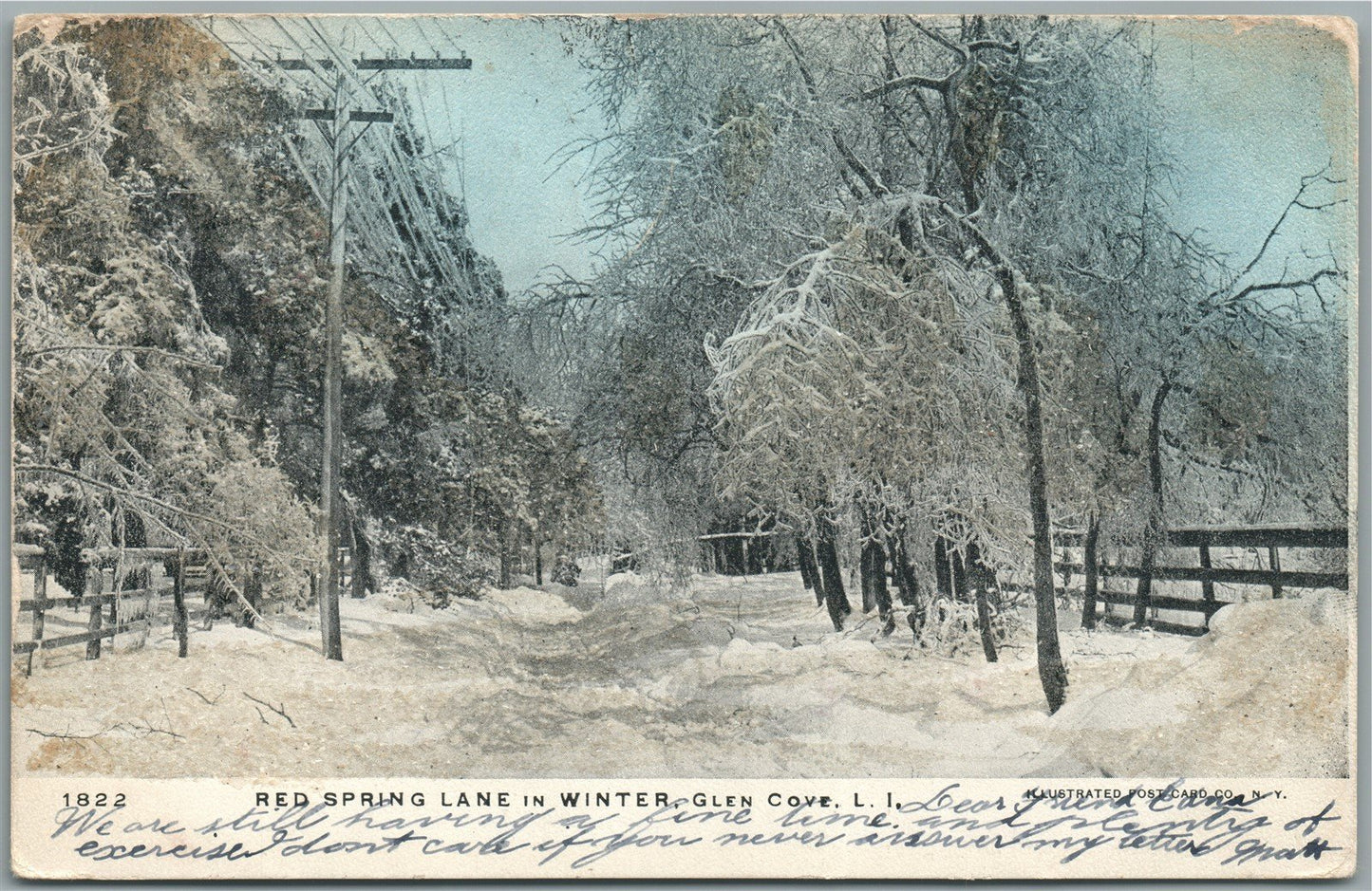 GLEN COVE LI NY RED SPRING LANE in WINTER ANTIQUE POSTCARD
