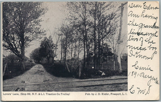 FREEPORT LI NY LOVER'S LANE TROLLEY STOP ANTIQUE POSTCARD