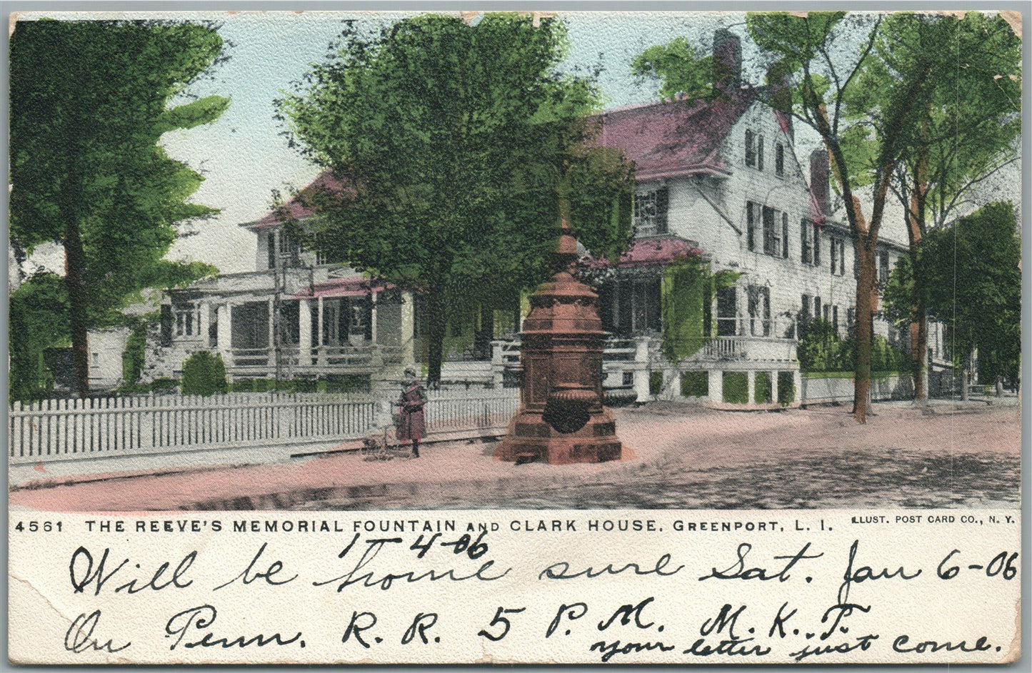 GREENPORT LI NY REEVE'S MEMORIAL FOUNTAIN & CLARK HOUSE ANTIQUE POSTCARD