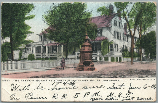 GREENPORT LI NY REEVE'S MEMORIAL FOUNTAIN & CLARK HOUSE ANTIQUE POSTCARD