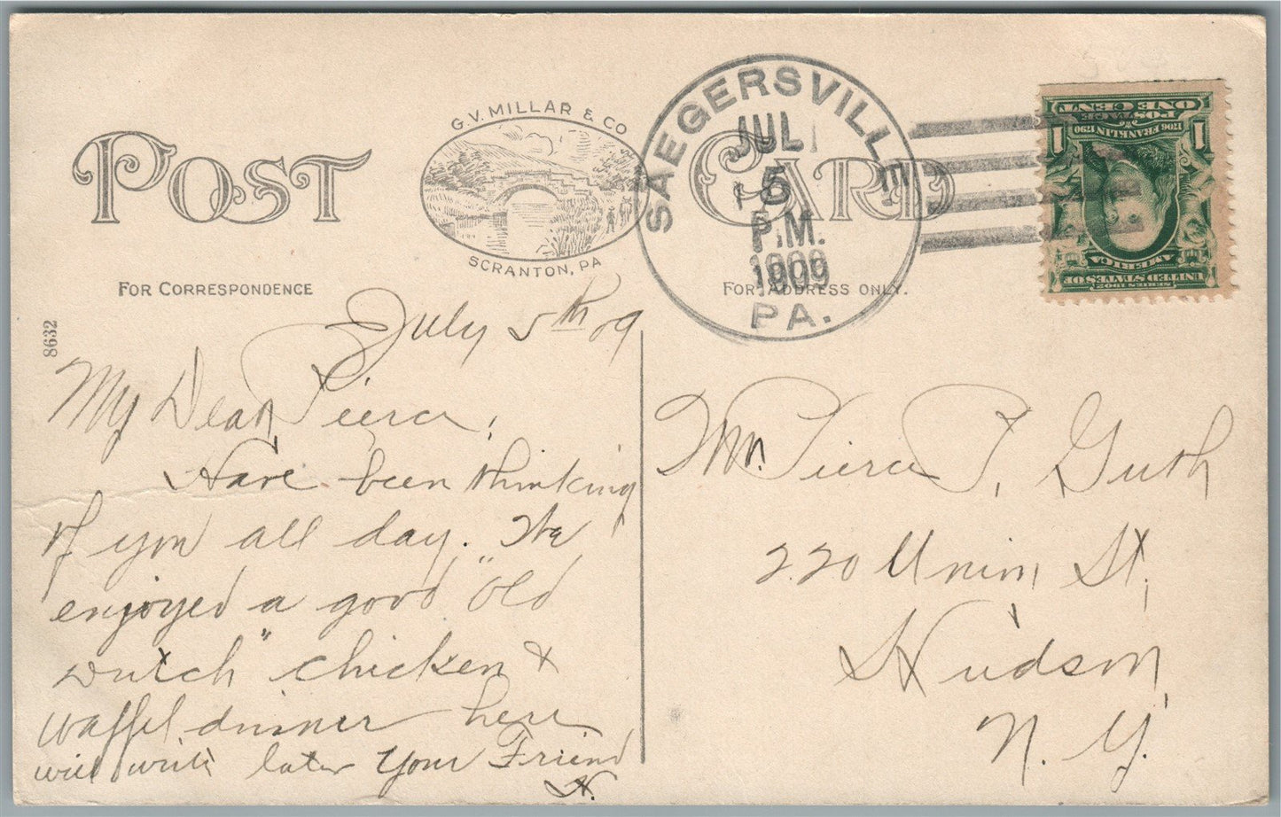 SAEGERSVILLE PA MILLER'S HOTEL ANTIQUE POSTCARD