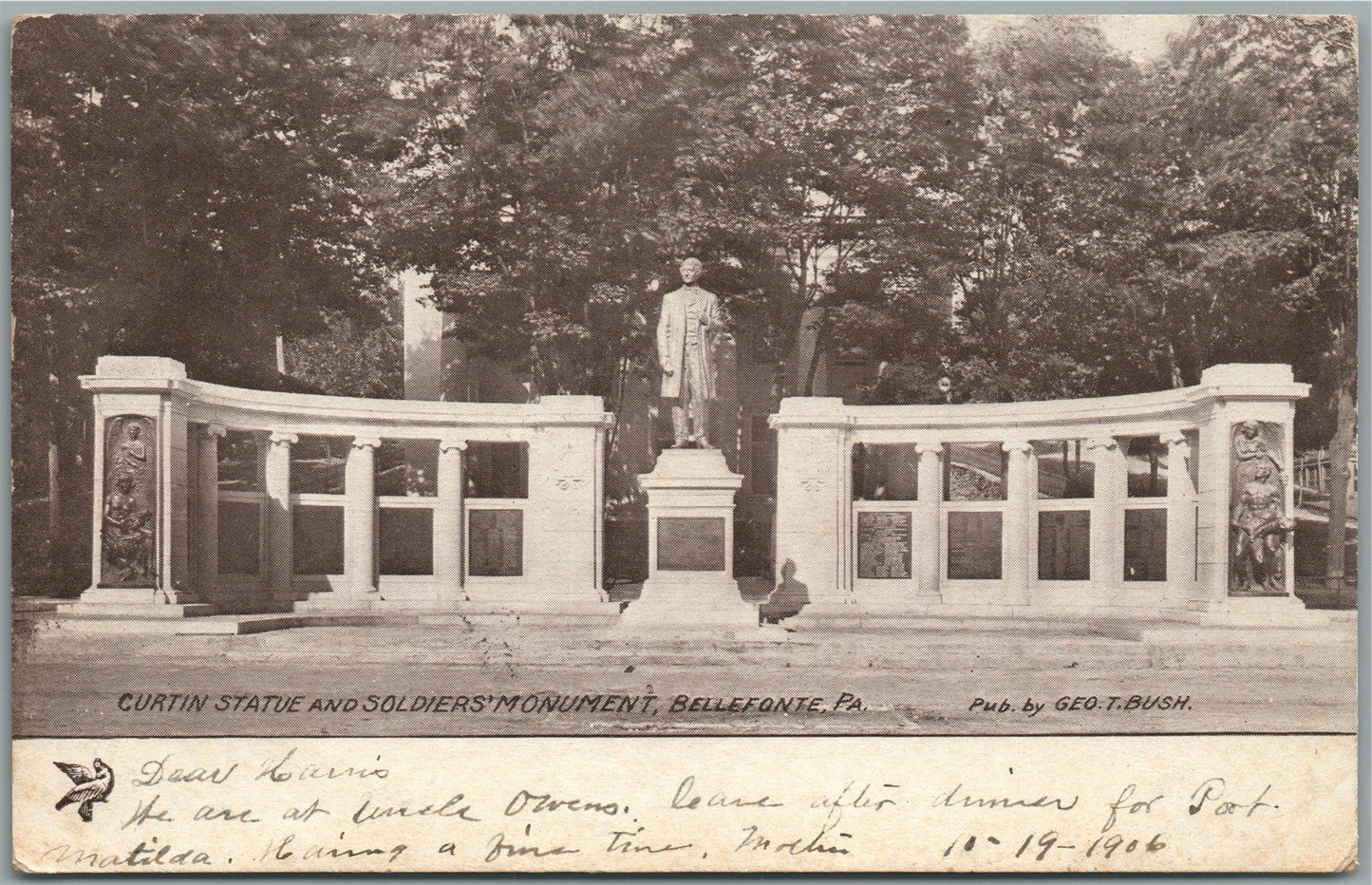 BELLEFONTE PA CURTIN STATUE & SOLDIER'S MONUMENT ANTIQUE POSTCARD