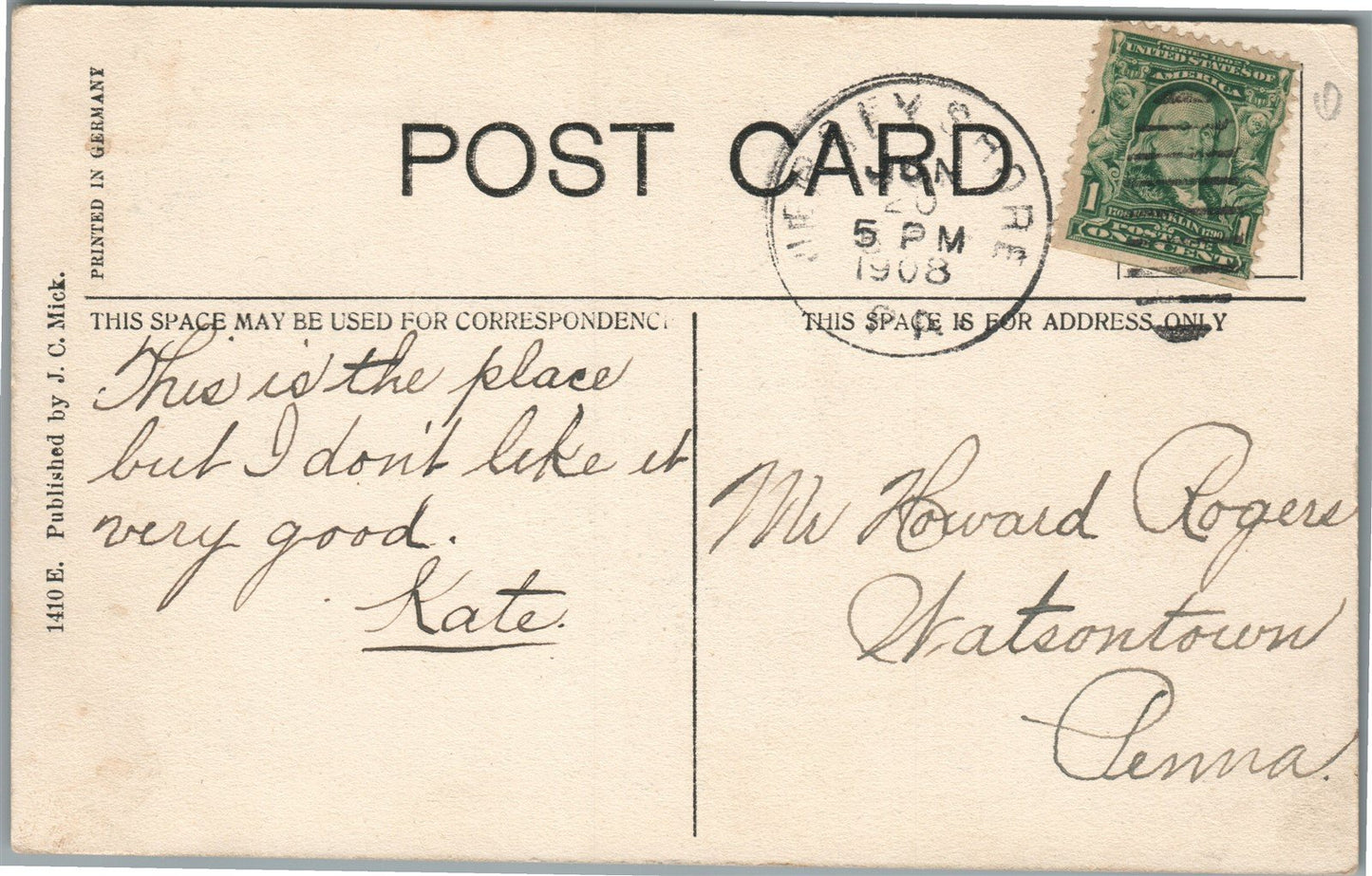 JERSEY SHORE PA GAMBLE HOUSE ANTIQUE POSTCARD