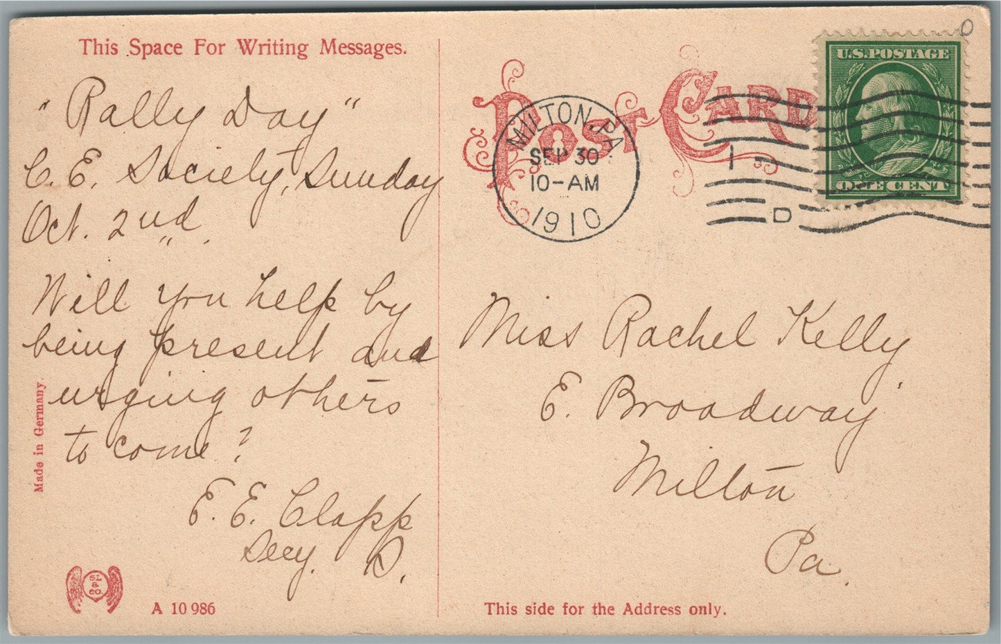 MILTON PA REFORM CHURCH ANTIQUE POSTCARD