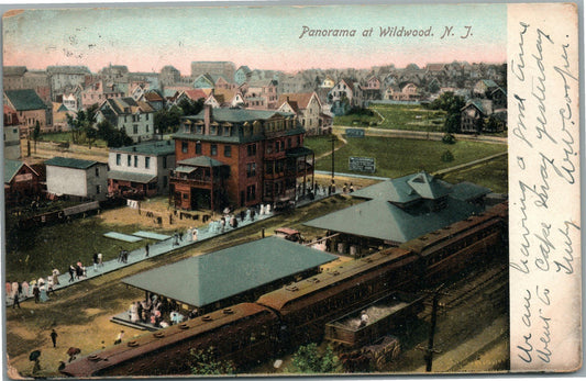 WILDWOOD NJ PANORAMA RAILROAD STATION RAILWAY DEPOT ANTIQUE POSTCARD