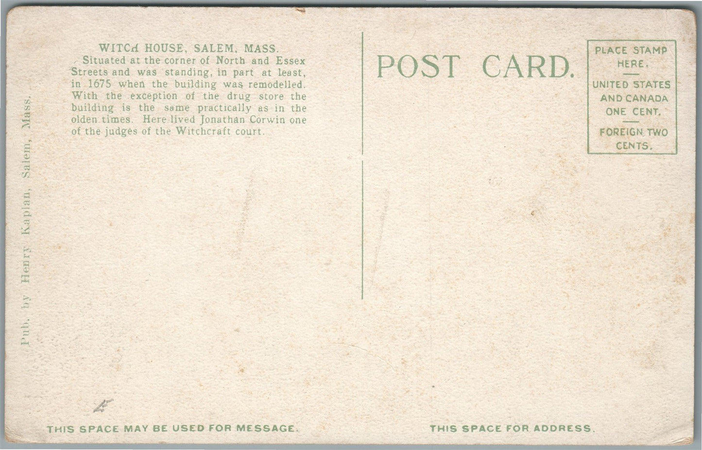 SALEM MA WITCH HOUSE ANTIQUE POSTCARD