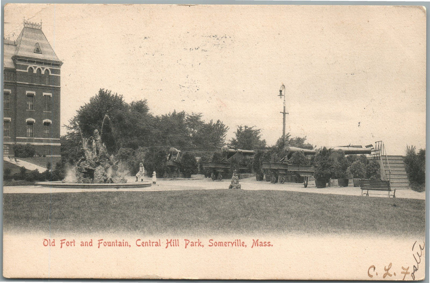 SOMERVILLE MA OLD FORT AND FOUNTAIN ANTIQUE POSTCARD