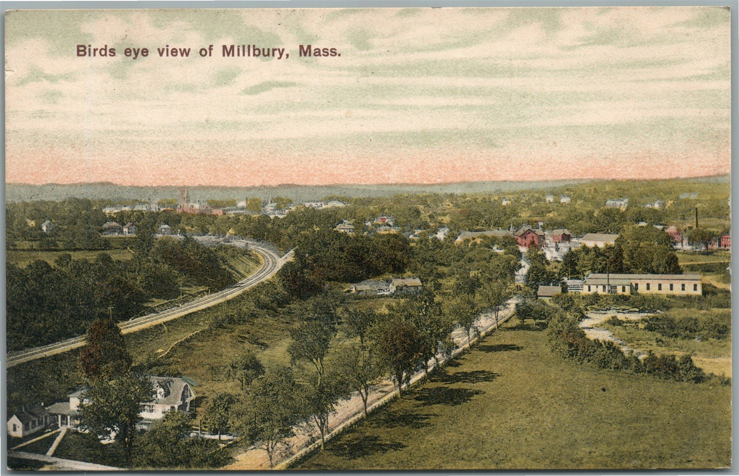 MILLBURY MA BIRDS EYE VIEW ANTIQUE POSTCARD