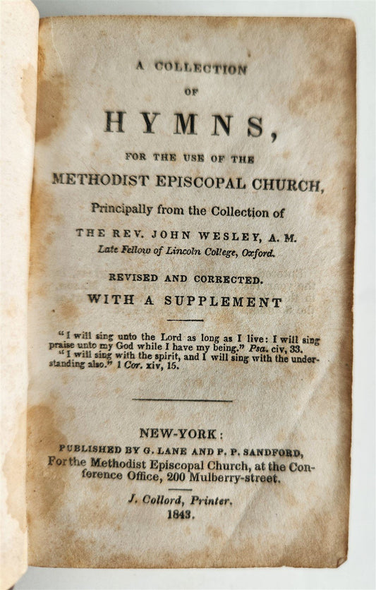 1843 HYMNAL for METHODIST EPISCOPAL CHURCH antique AMERICANA New York