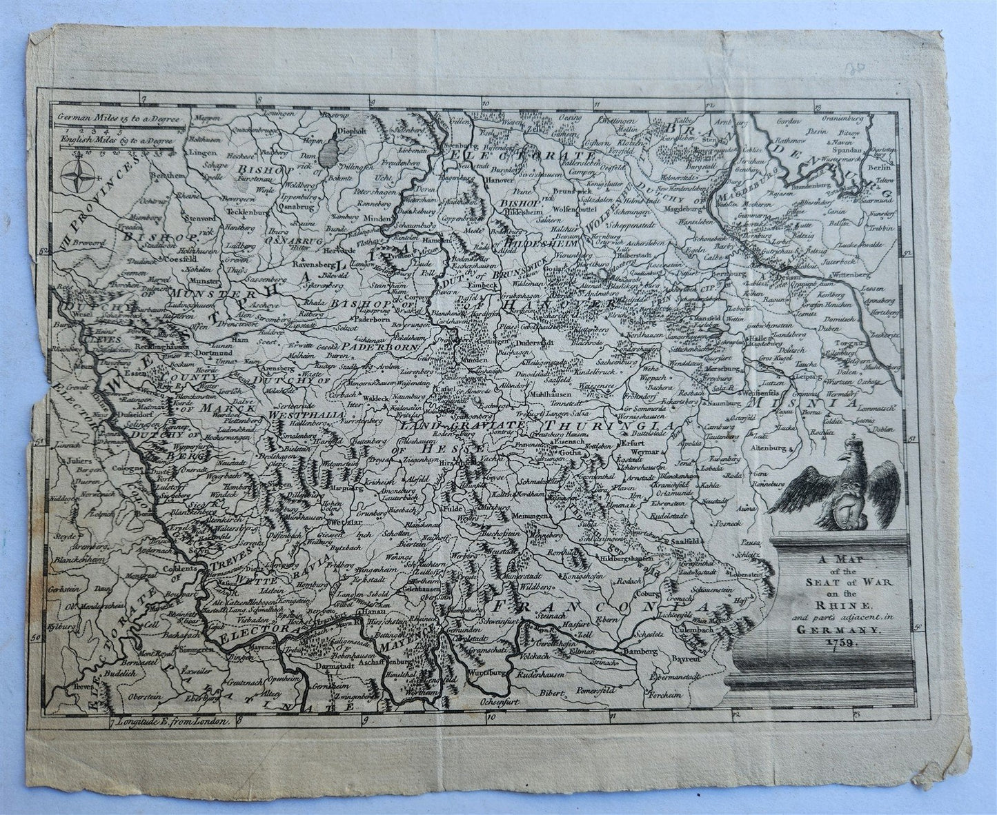 18th CENTURY A MAP OF THE SEAT OF WAR ON THE RHINE in GERMANY 1759 antique