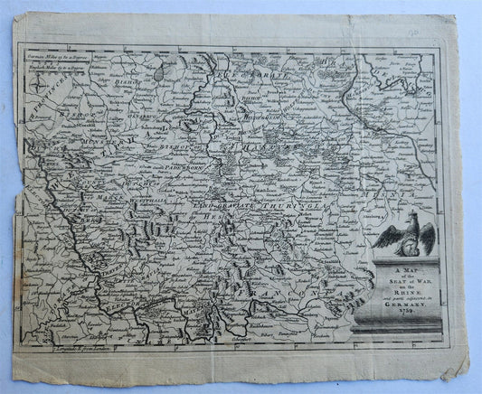 18th CENTURY A MAP OF THE SEAT OF WAR ON THE RHINE in GERMANY 1759 antique