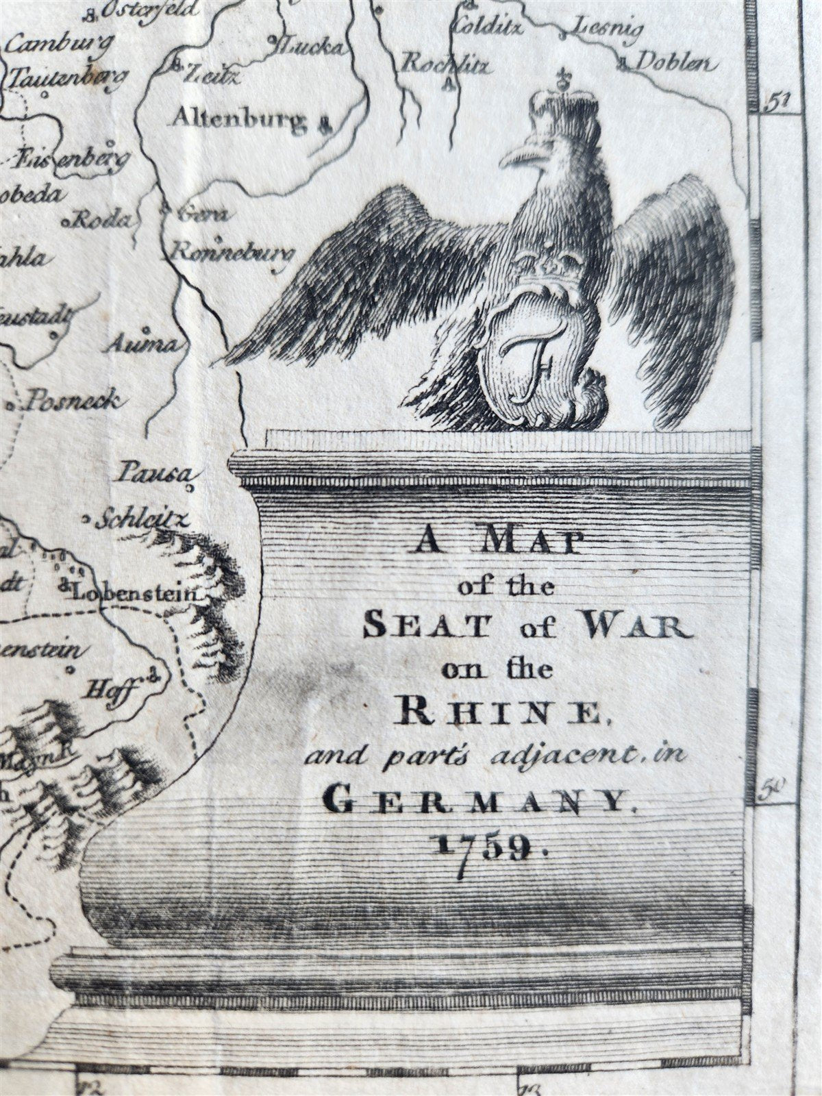 18th CENTURY A MAP OF THE SEAT OF WAR ON THE RHINE in GERMANY 1759 antique
