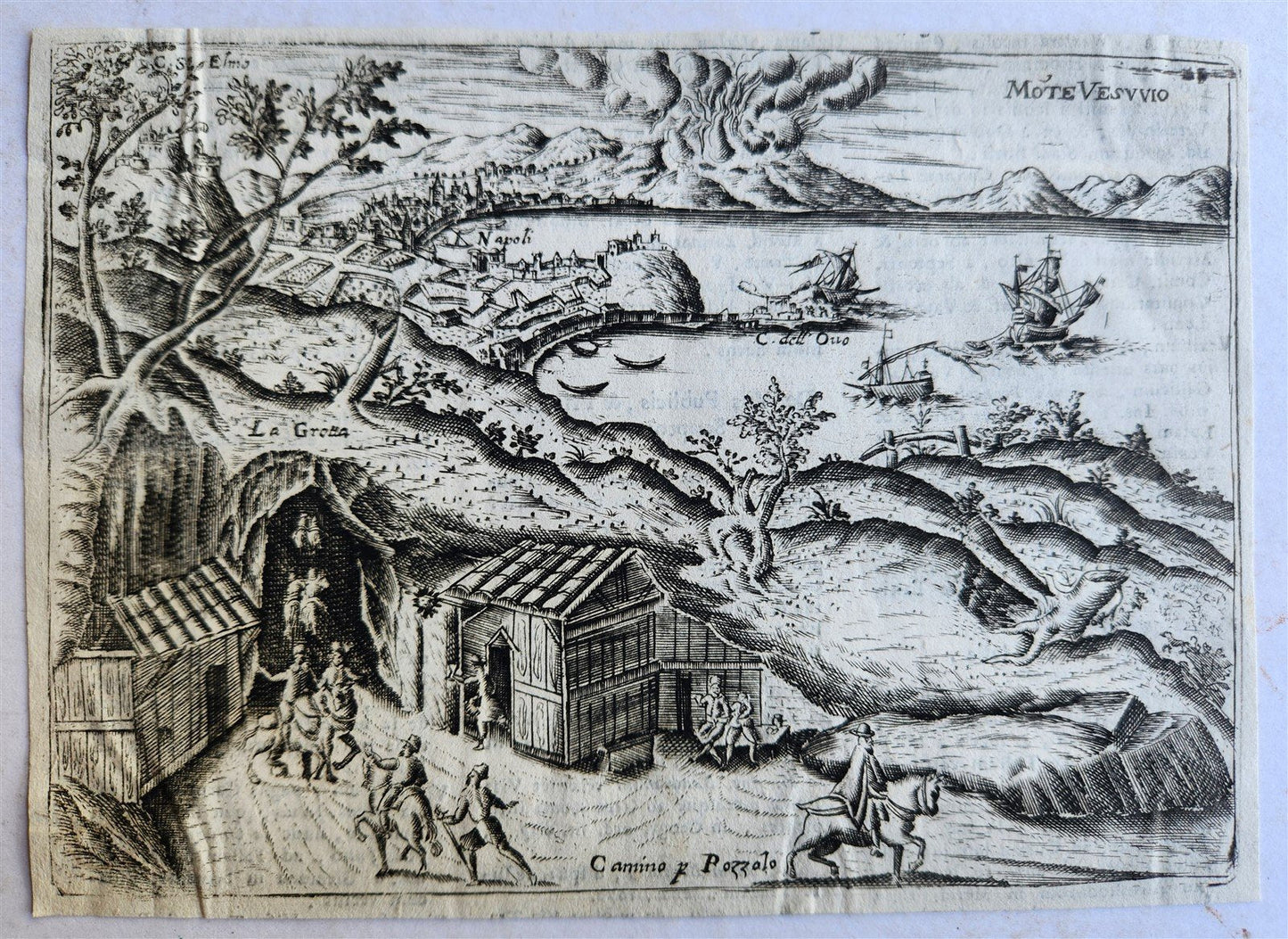 18th CENTURY SMALL VIEW OF NAPOLI & POMPEII ITALY w/ MOUNT VESUVIUS antique