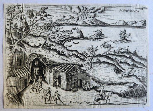 18th CENTURY SMALL VIEW OF NAPOLI & POMPEII ITALY w/ MOUNT VESUVIUS antique