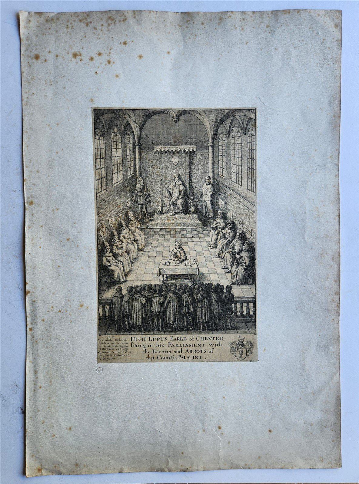 17th CENTURY ENGRAVING HUGH LUPUS'S COURT OF COUNTY-PALATINE of CHESTER antique
