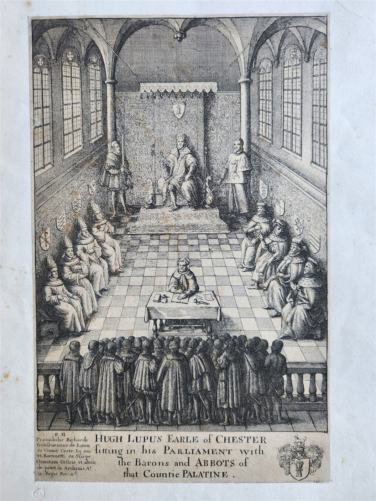 17th CENTURY ENGRAVING HUGH LUPUS'S COURT OF COUNTY-PALATINE of CHESTER antique