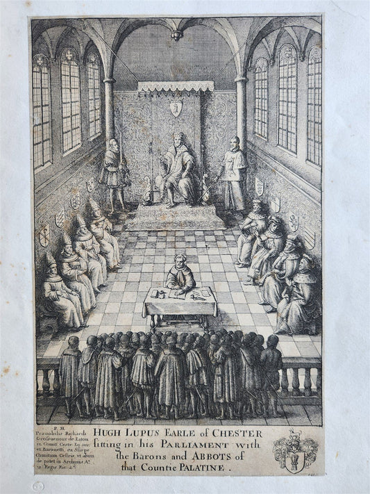 17th CENTURY ENGRAVING HUGH LUPUS'S COURT OF COUNTY-PALATINE of CHESTER antique