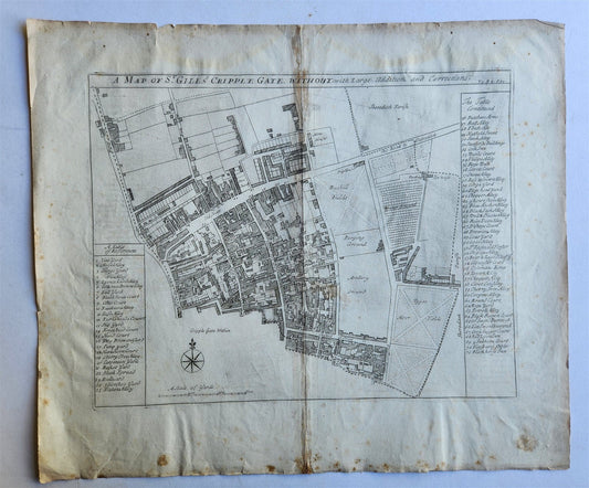 1754 LONDON antique MAP of ST.GILES'S CRIPPLE GATE copper engraving