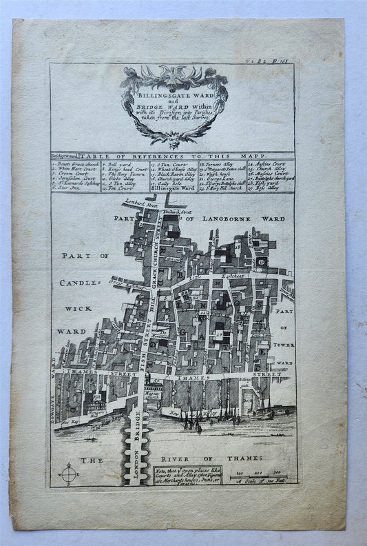 1754 MAP of LONDON antique BILLINGSGATE WARD and BRIDGE WARD
