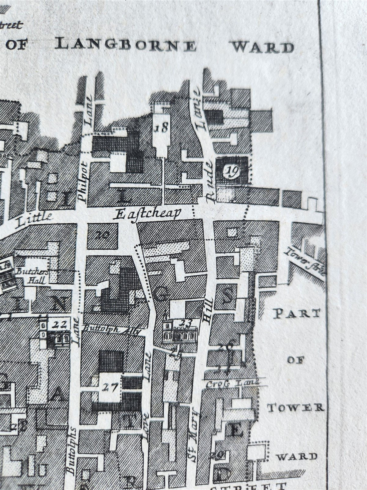 1754 MAP of LONDON antique BILLINGSGATE WARD and BRIDGE WARD