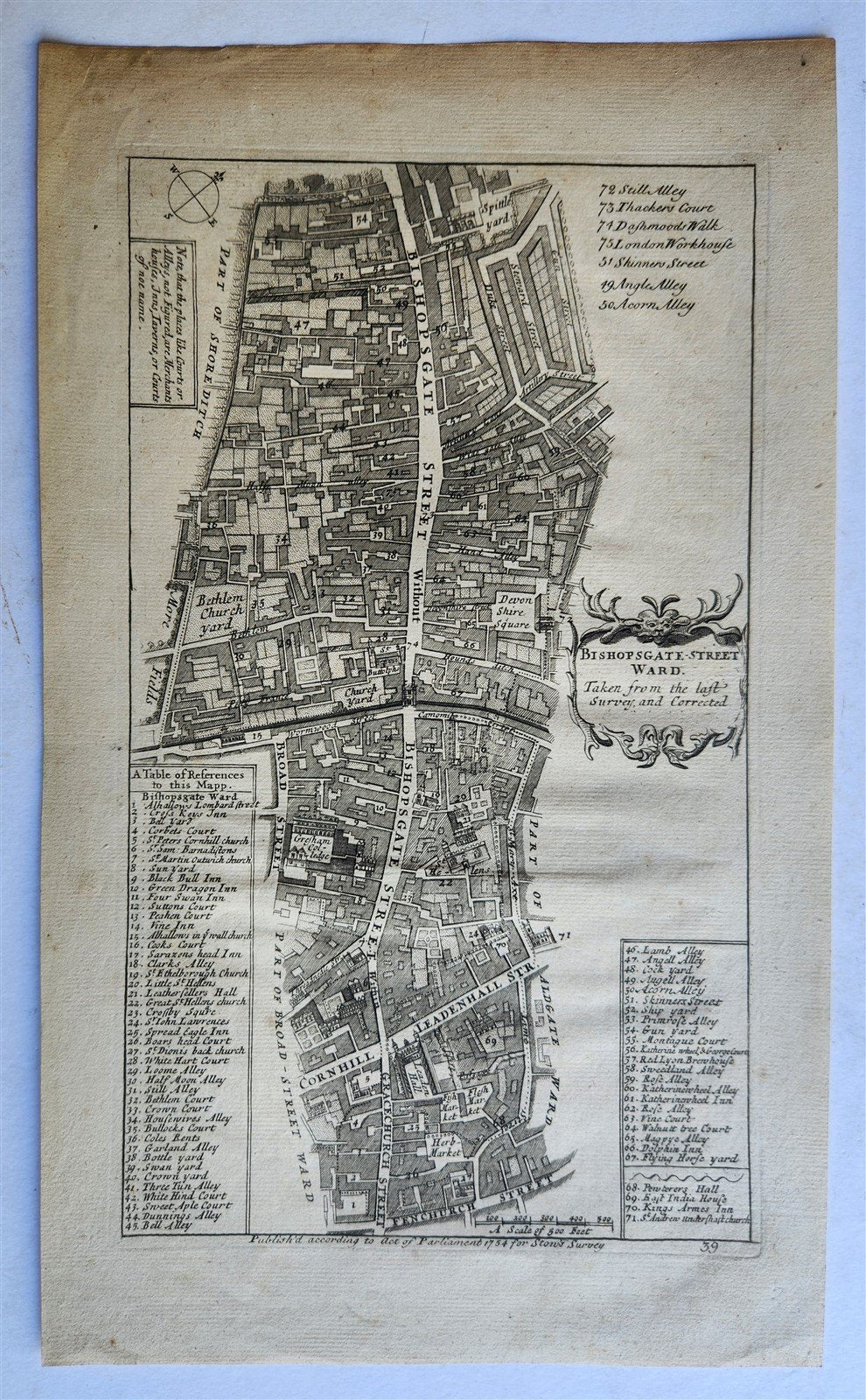 1754 MAP of LONDON antique BISHOPGATE STREET WARD