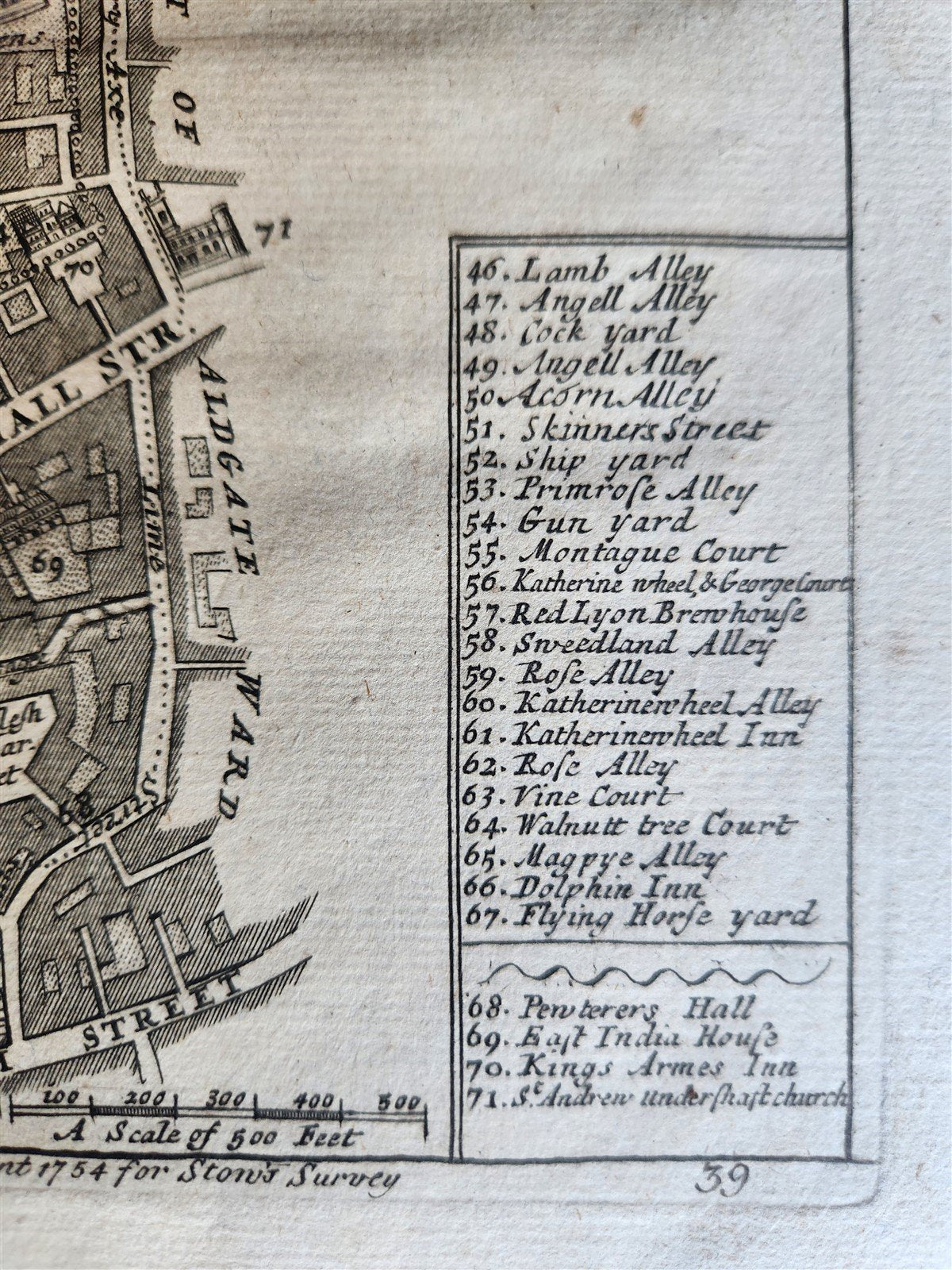 1754 MAP of LONDON antique BISHOPGATE STREET WARD