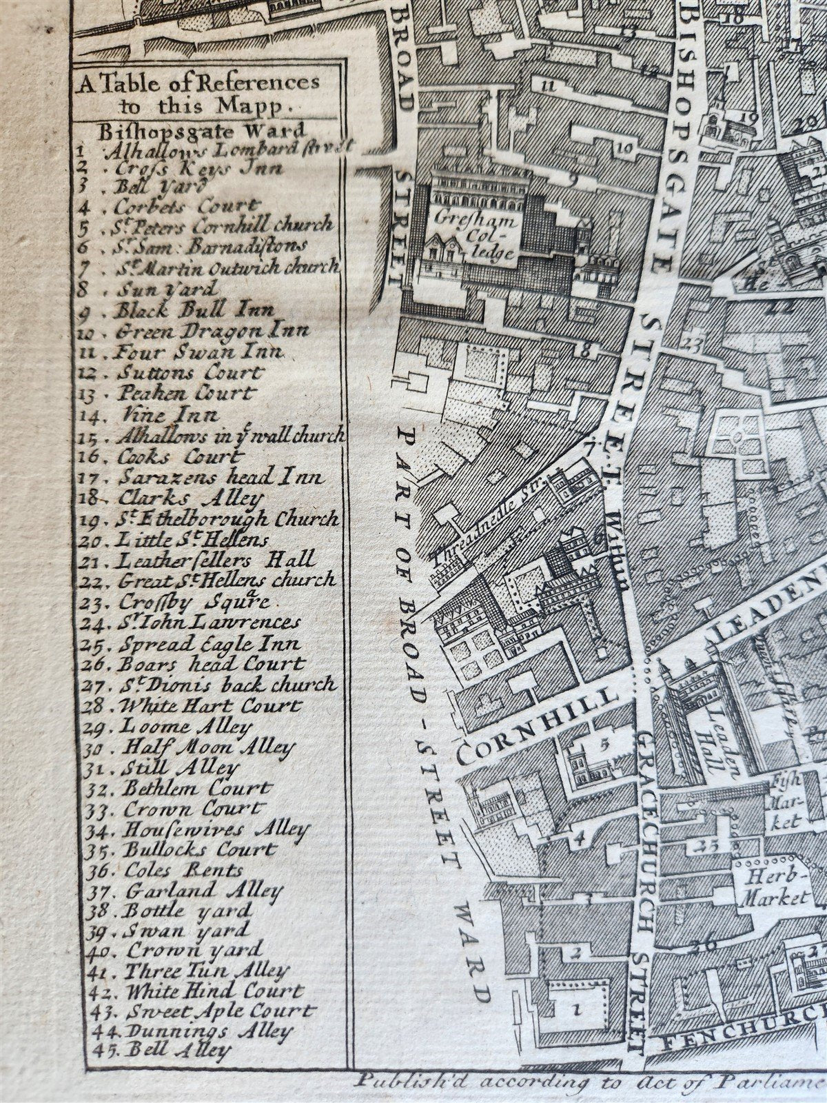 1754 MAP of LONDON antique BISHOPGATE STREET WARD