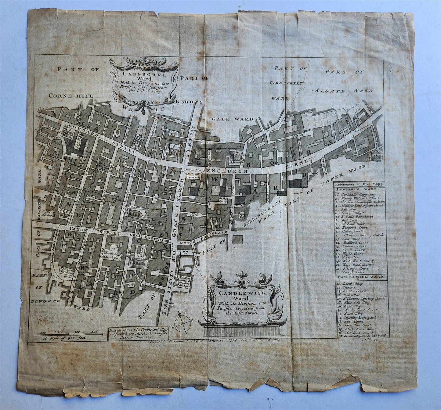 1754 MAP of LONDON antique LANGBORNE & CANDLEWICK WARD