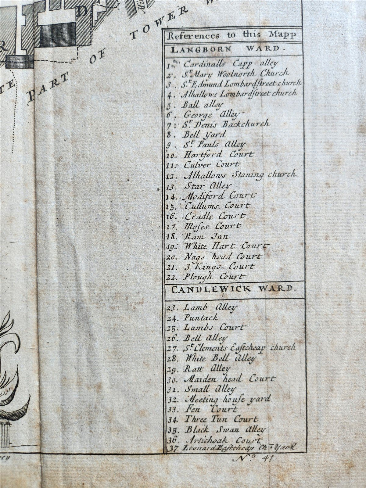 1754 MAP of LONDON antique LANGBORNE & CANDLEWICK WARD