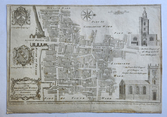 1754 MAP of LONDON antique BILLINGSGATE WARD and BRIDGE WARD WITHIN PARISHES