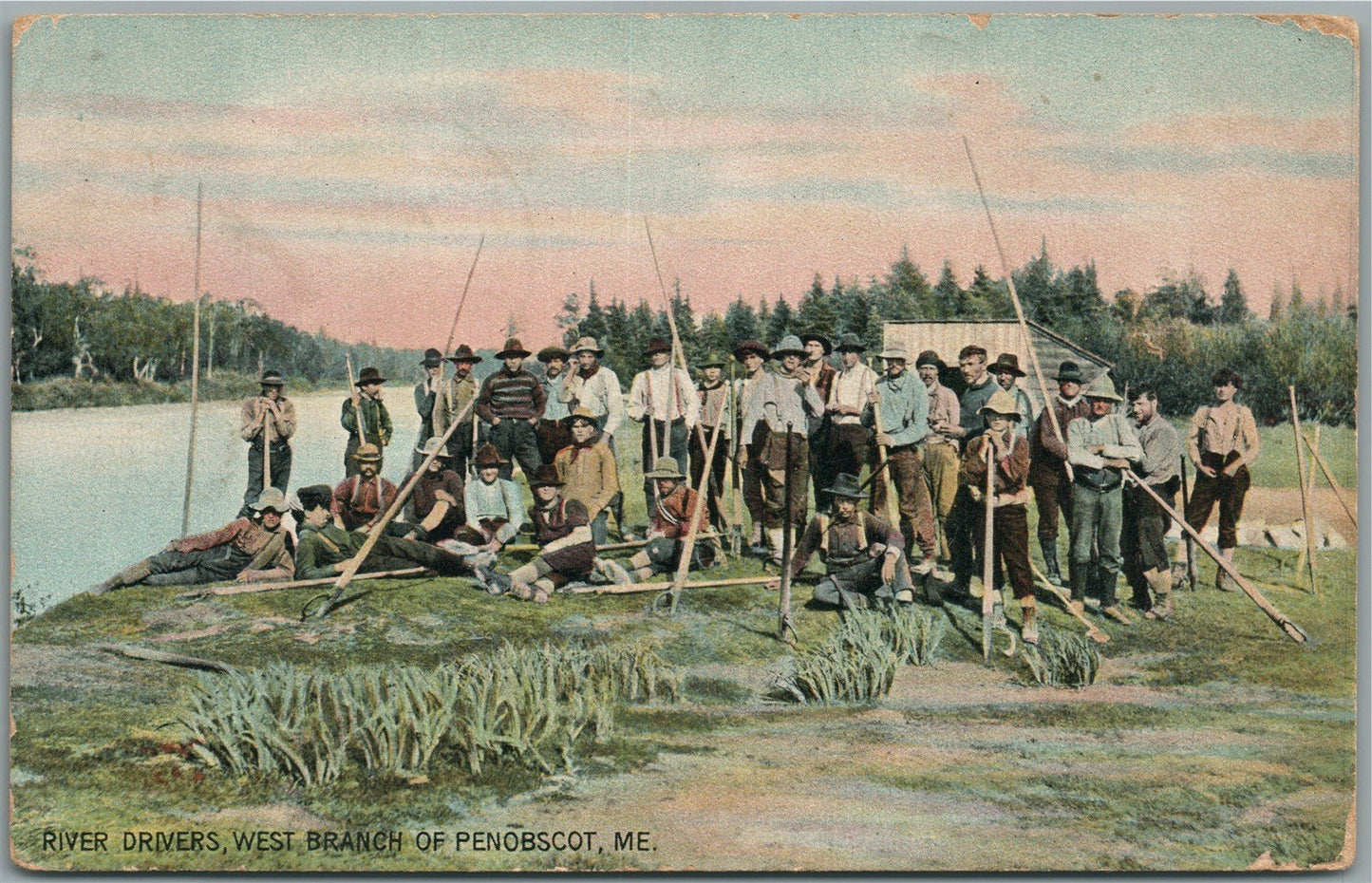 PENOBSCOT ME RIVER DRIVERS ANTIQUE POSTCARD
