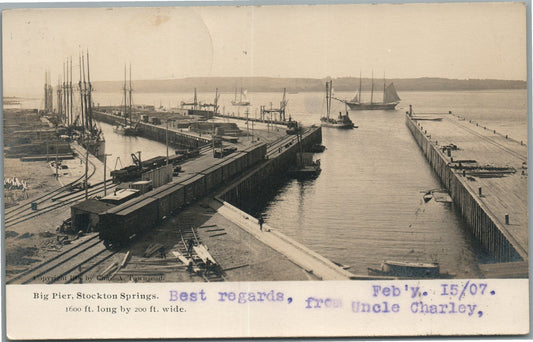 STOCKTON SPRINGS ME BIG PIER ANTIQUE REAL PHOTO POSTCARD RPPC RAILWAY TRACKS