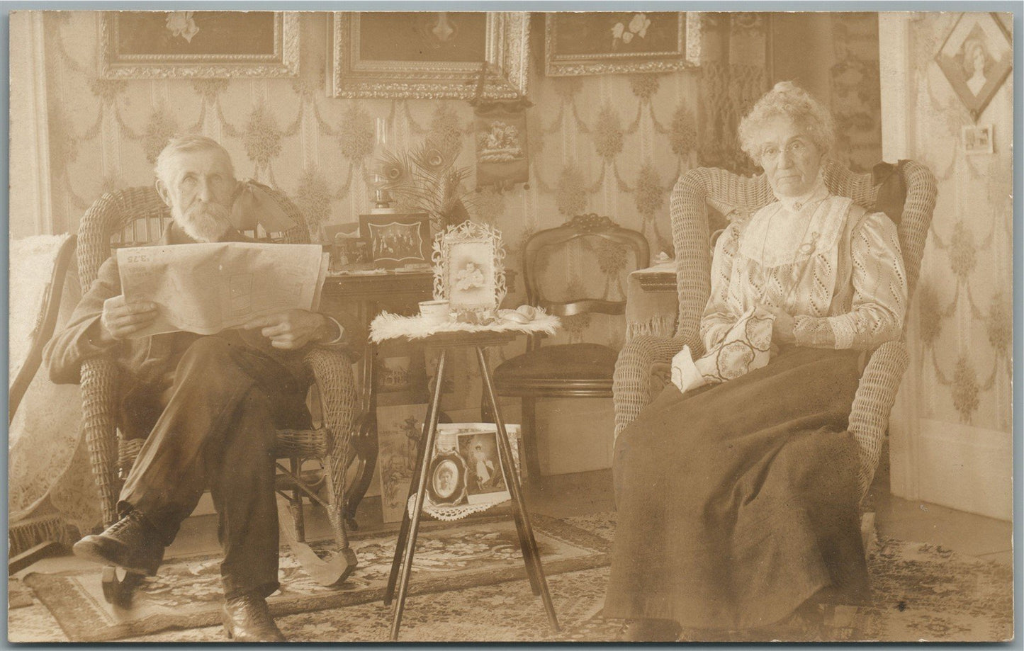 OLD COUPLE in INTERIOR ANTIQUE REAL PHOTO POSTCARD RPPC