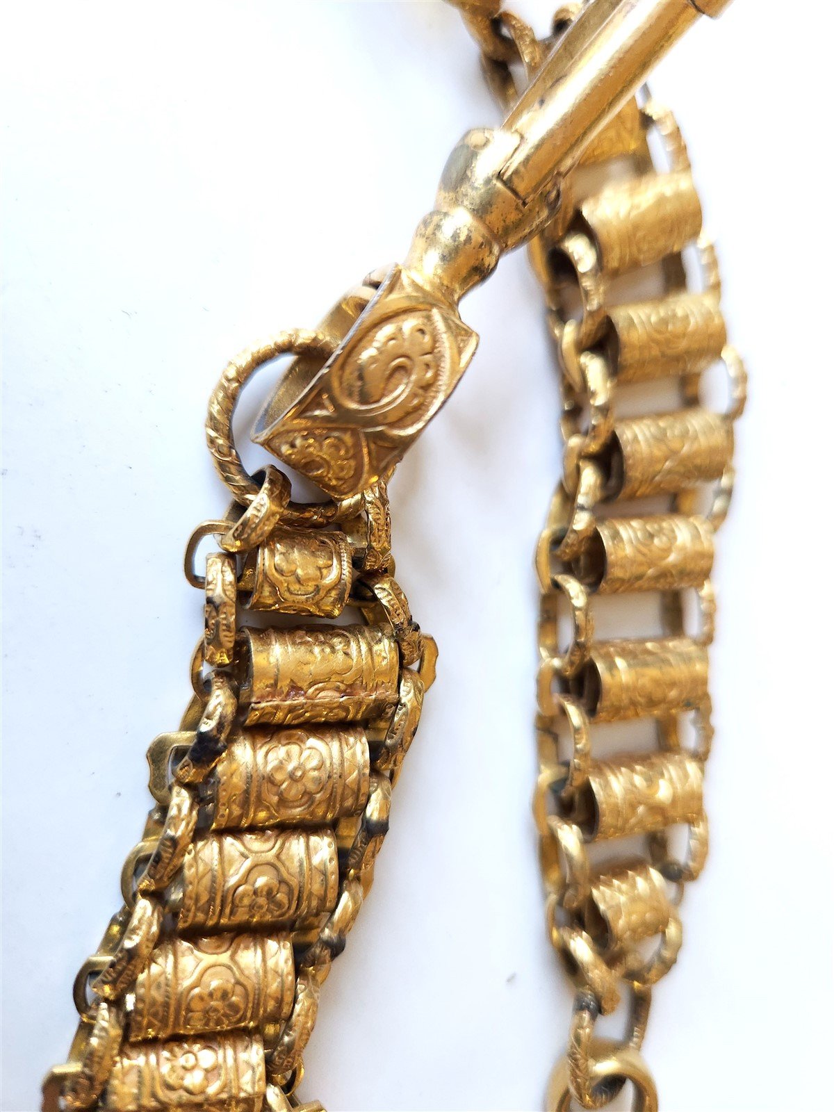 1900s ANTIQUE MASONIC UNIFORM BELT WORD HANGERS PAIR of GILT SBRASS CHAINS 5"