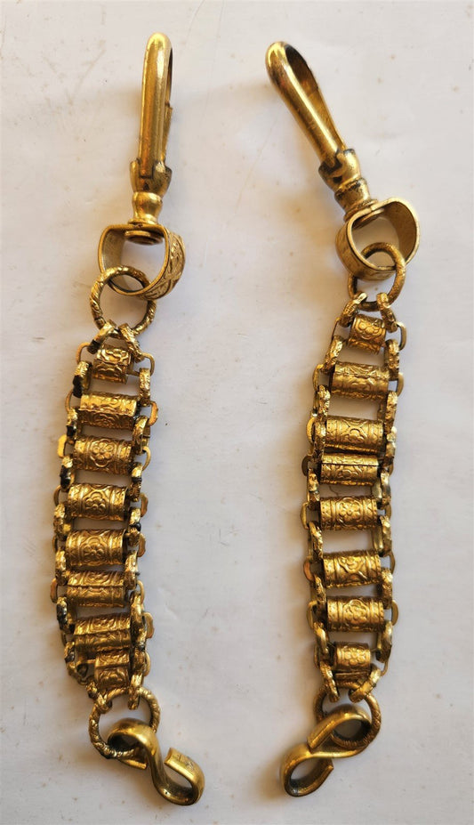 1900s ANTIQUE MASONIC UNIFORM BELT WORD HANGERS PAIR of GILT SBRASS CHAINS 5"