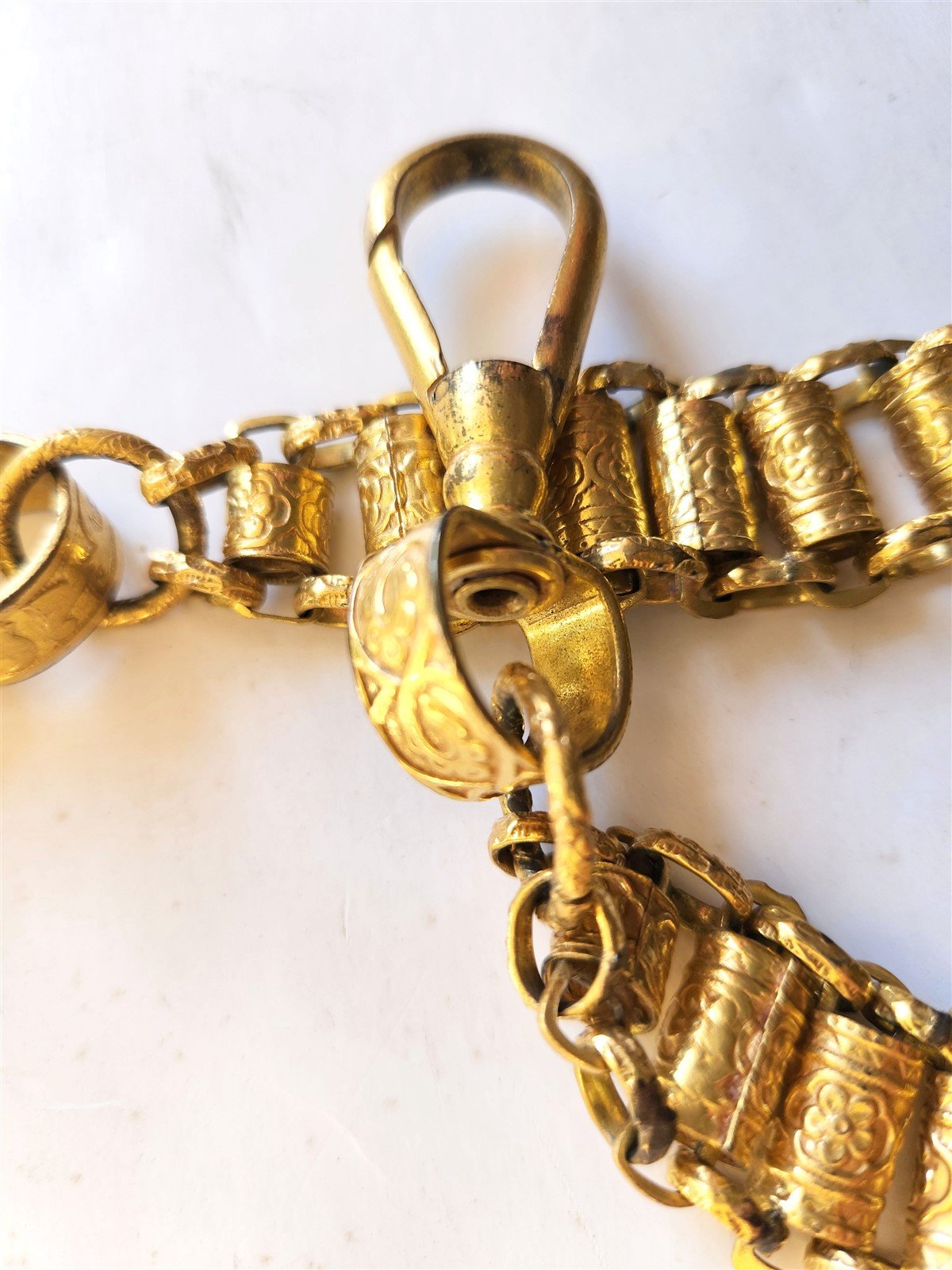 1900s ANTIQUE MASONIC UNIFORM BELT WORD HANGERS PAIR of GILT SBRASS CHAINS 5"