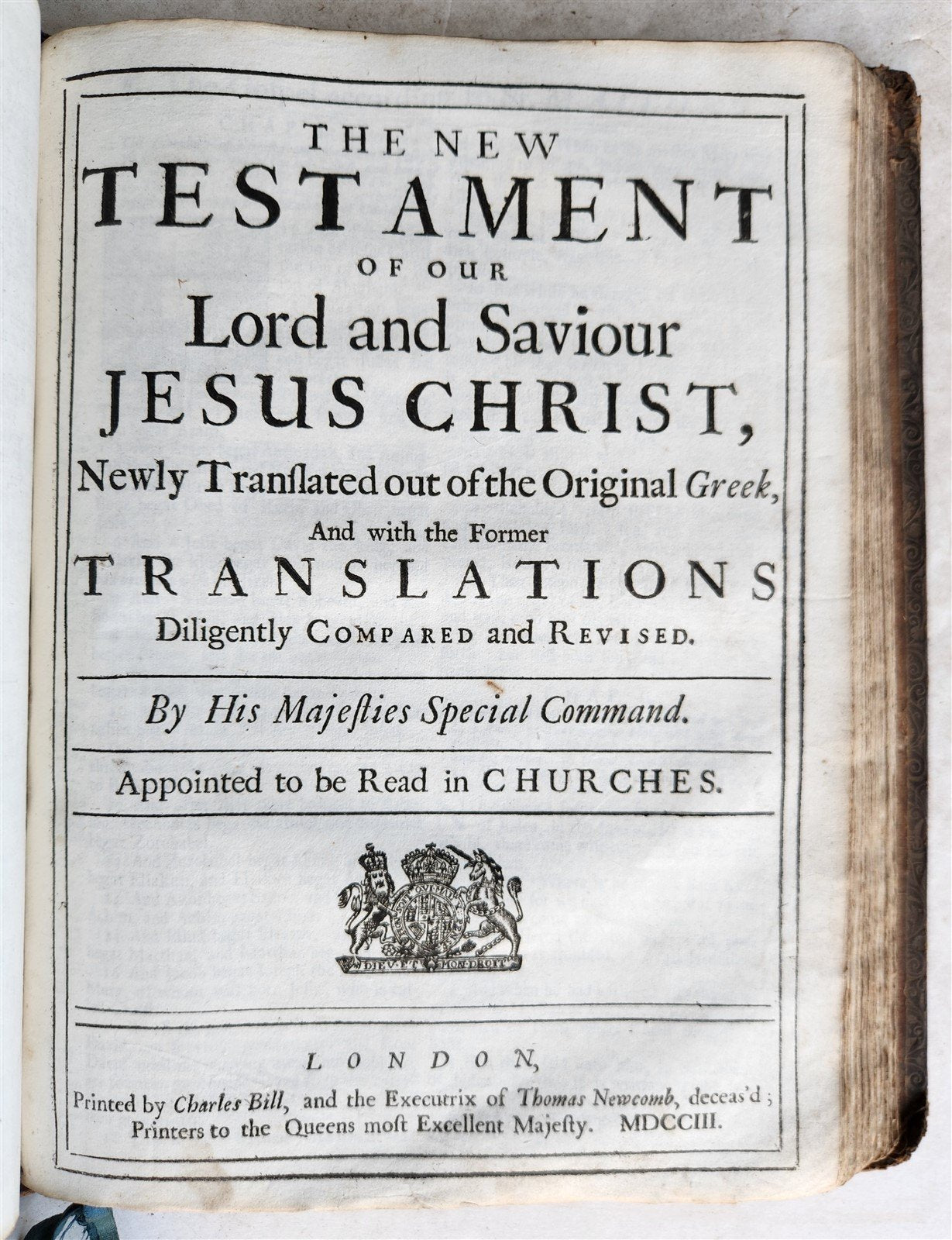 1703 BIBLE in ENGLISH antique London: Charles Bill & Executrix of Thomas Newcomb