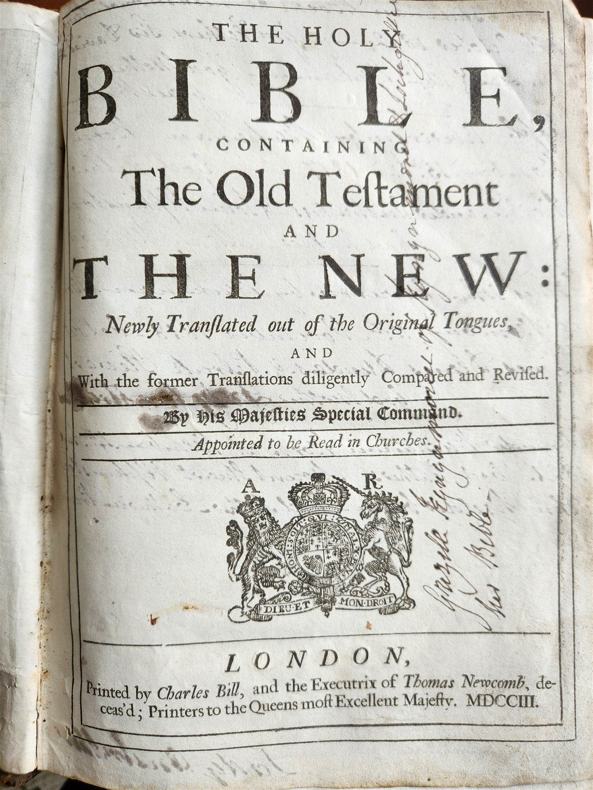 1703 BIBLE in ENGLISH antique London: Charles Bill & Executrix of Thomas Newcomb